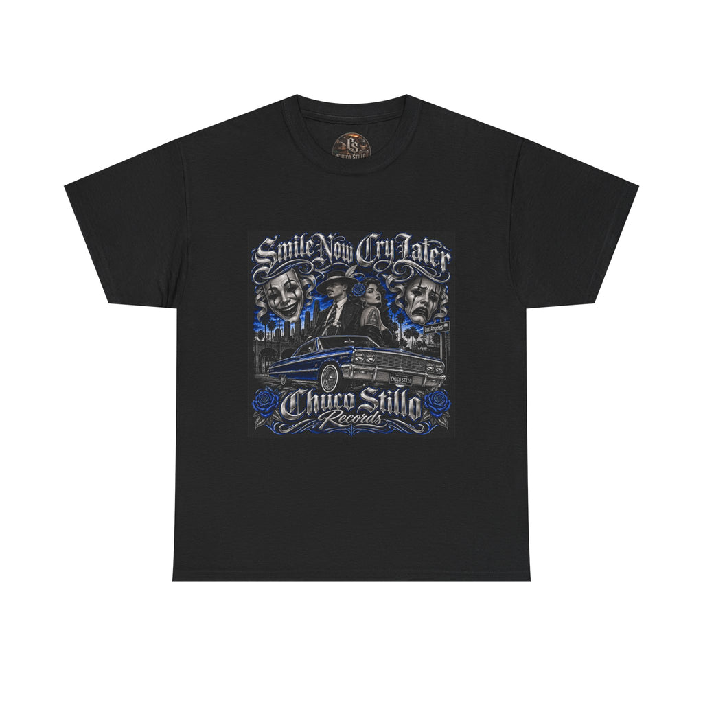 Chicano Style Black Graphic T-Shirt – Smile Now Cry Later BLUE