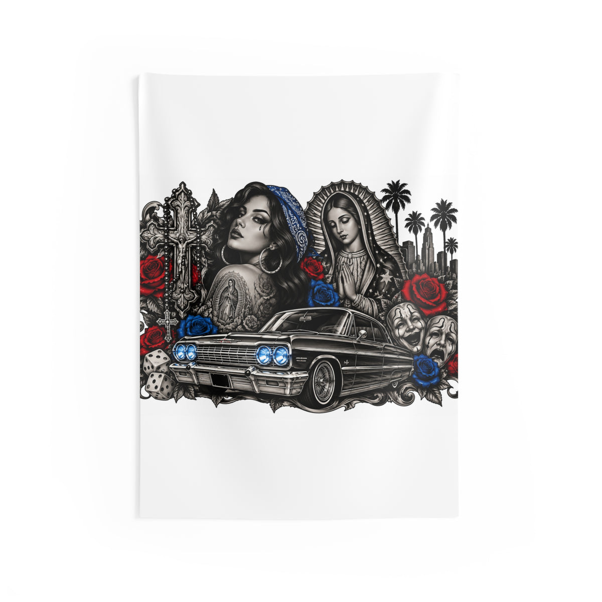 Blue Lowrider Wall Tapestry – Chicana Art, Roses & Classic Car Decor