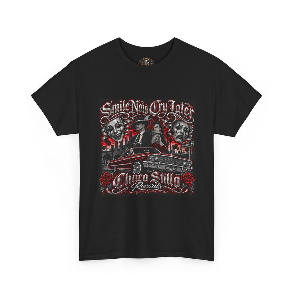 Chicano Style Black Graphic T-Shirt – Smile Now Cry Later RED