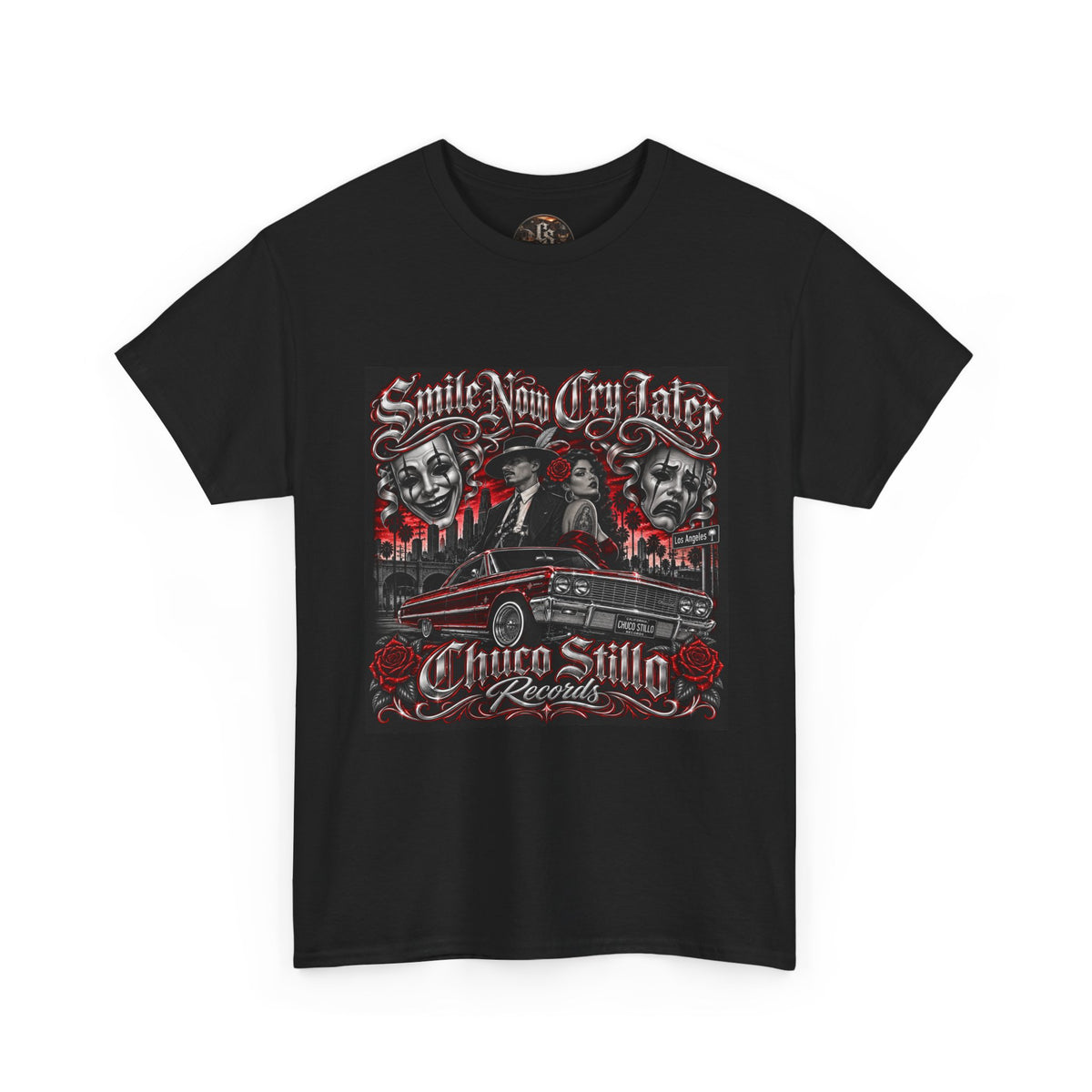 Chicano Style Black Graphic T-Shirt – Smile Now Cry Later RED