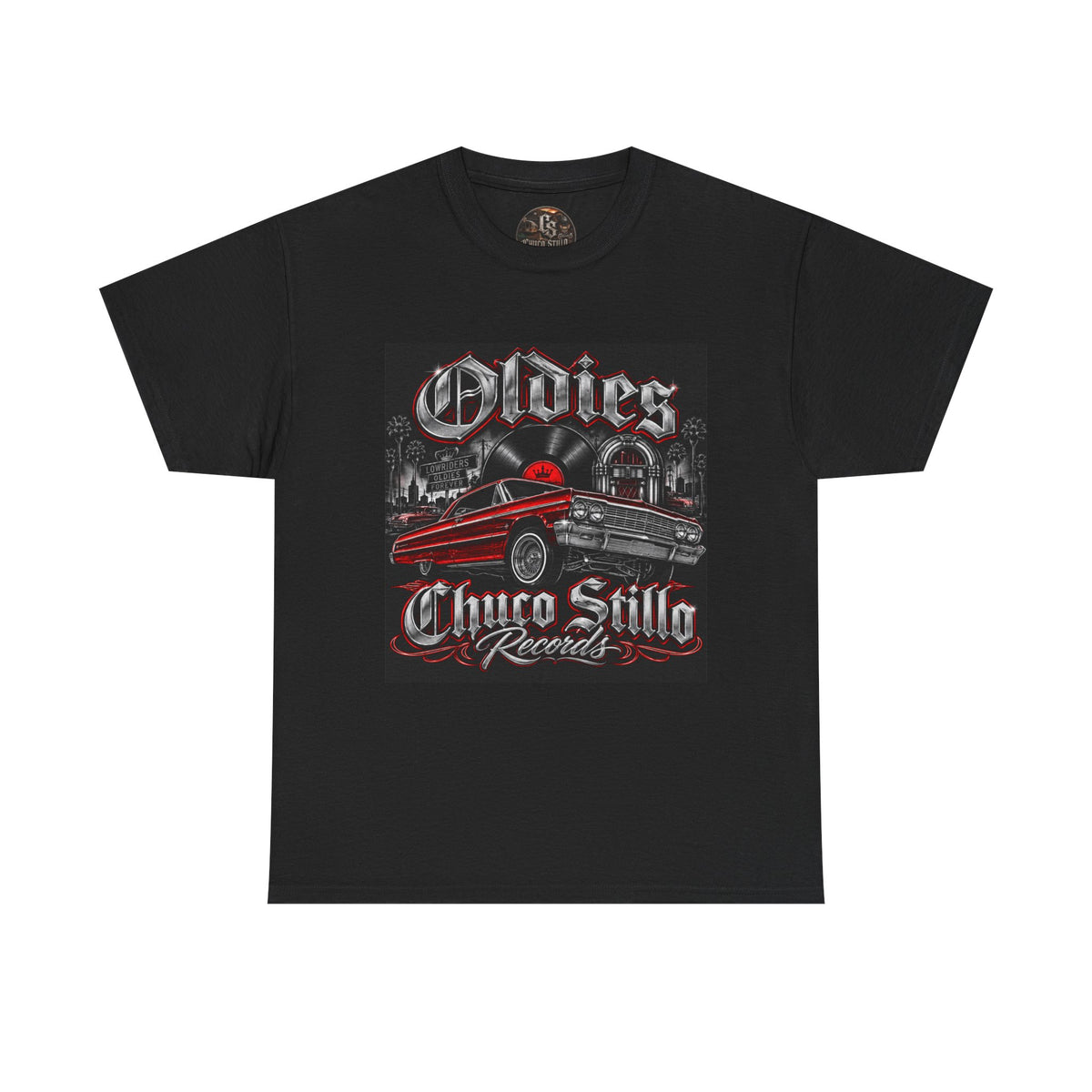 Oldies Chicano Style Records Classic Car T-Shirt BLACK + RED