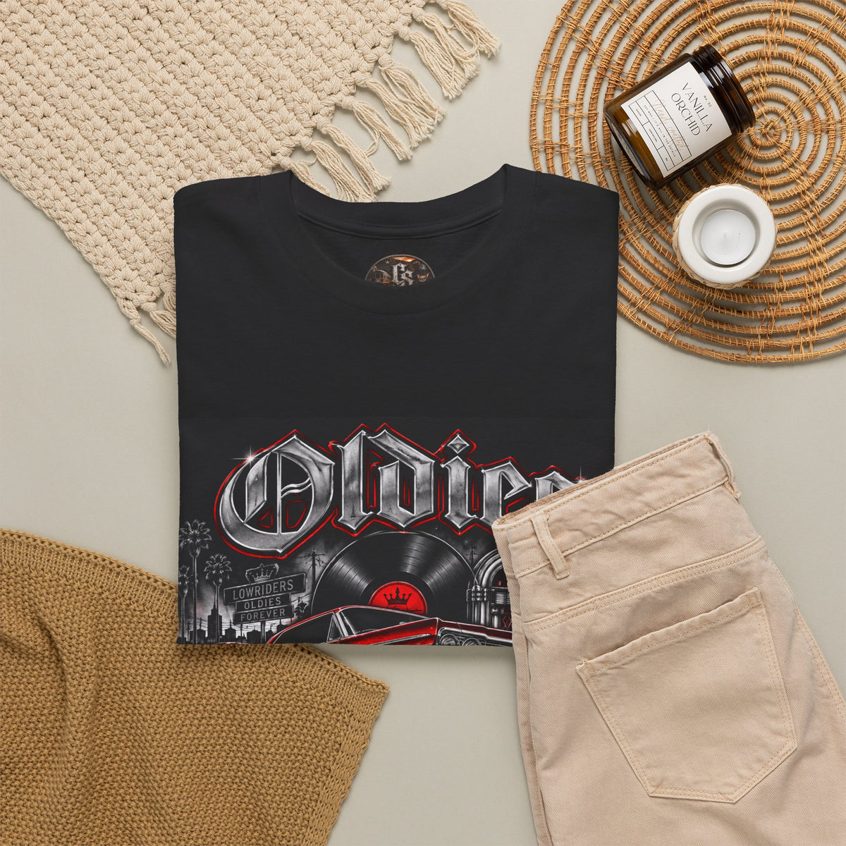 Oldies Chicano Style Records Classic Car T-Shirt BLACK + RED