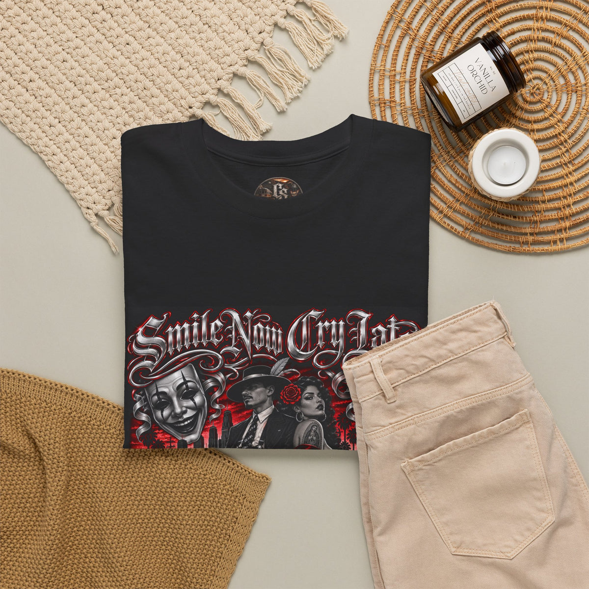 Chicano Style Black Graphic T-Shirt – Smile Now Cry Later RED