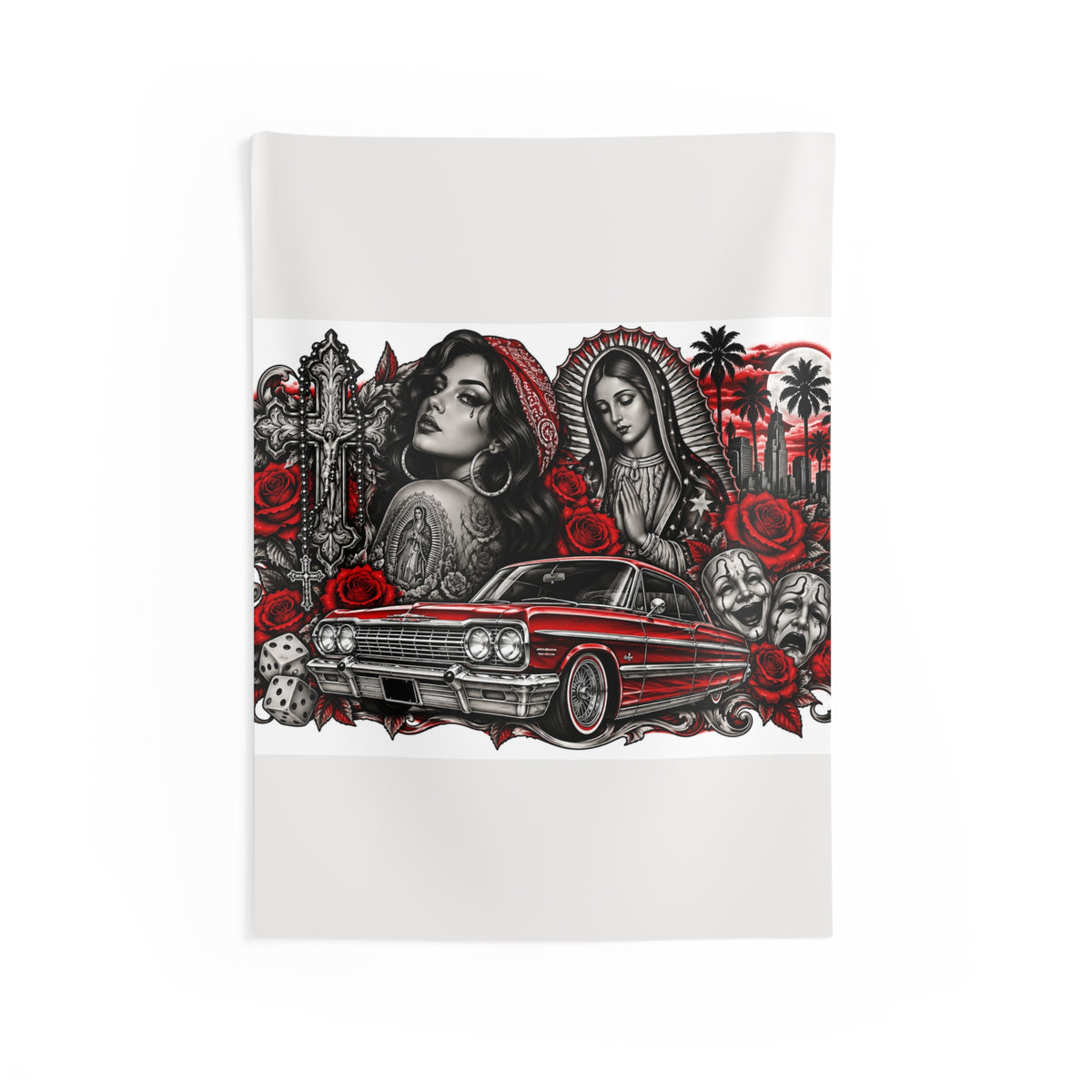 Red Lowrider Wall Tapestry – Chicana Art, Roses & Classic Car Decor