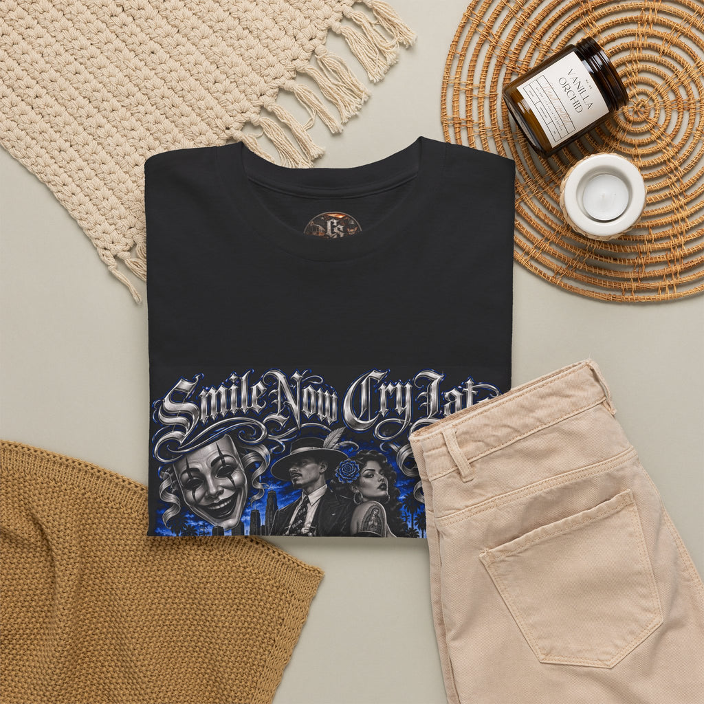Chicano Style Black Graphic T-Shirt – Smile Now Cry Later BLUE
