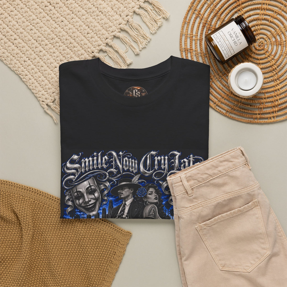 Chicano Style Black Graphic T-Shirt – Smile Now Cry Later BLUE