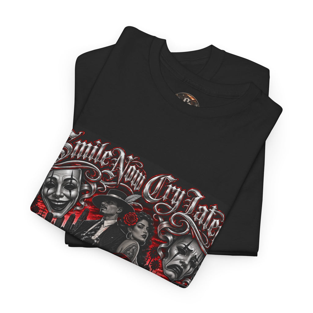 Chicano Style Black Graphic T-Shirt – Smile Now Cry Later RED