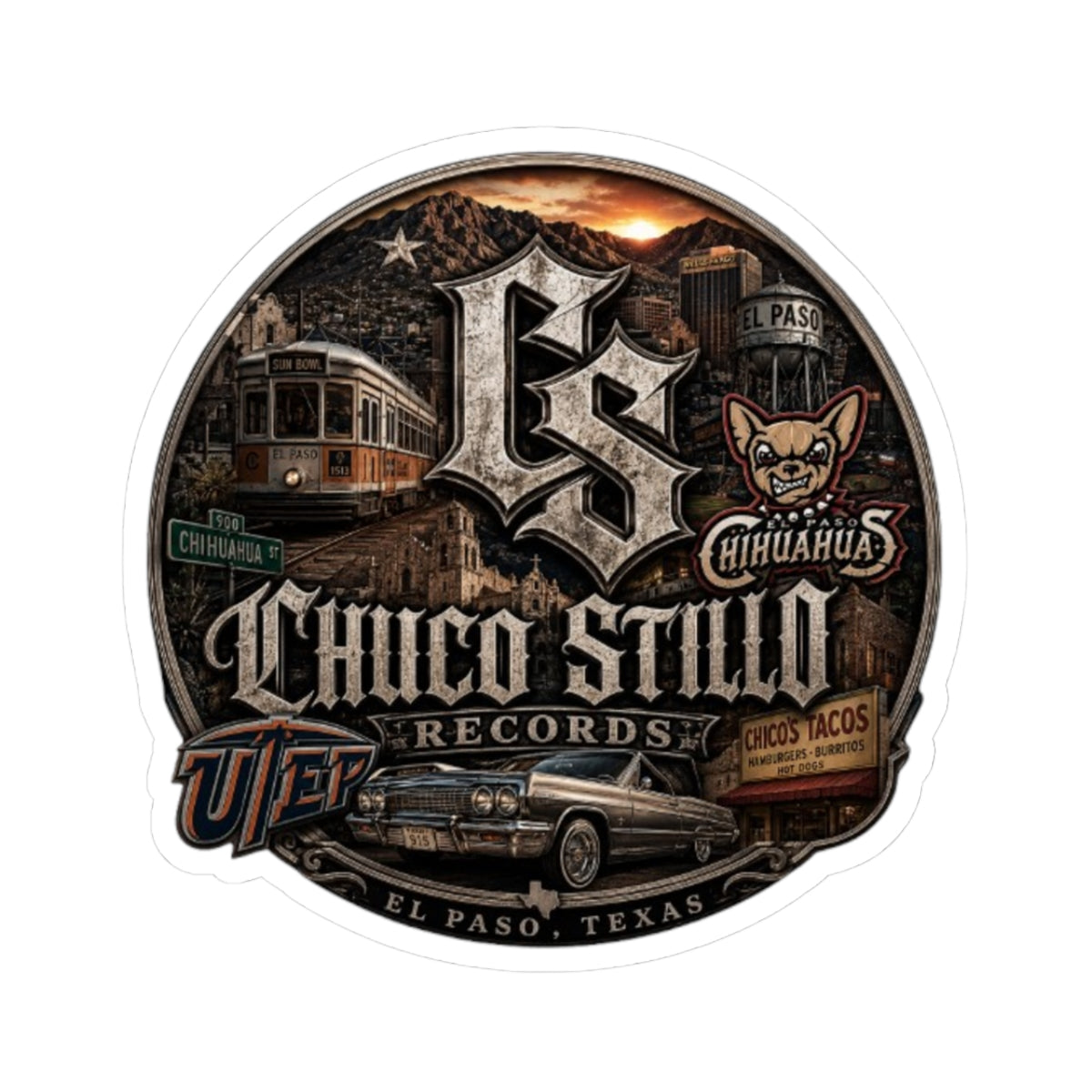 Chuco Stillo Records Sticker — El Paso Vintage Car & Chihuahua Logo