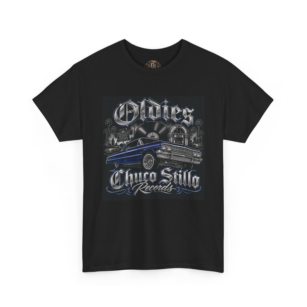 Oldies Chicano Style Records Classic Car T-Shirt BLACK + BLUE