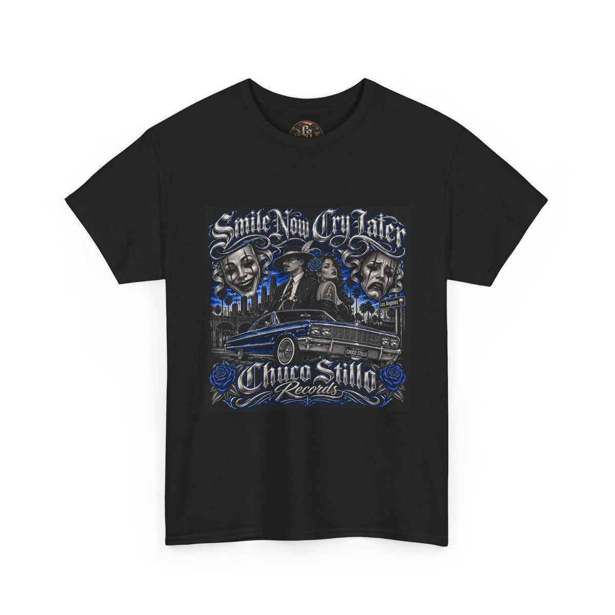 Chicano Style Black Graphic T-Shirt – Smile Now Cry Later BLUE