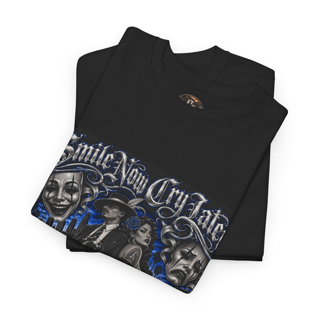 Chicano Style Black Graphic T-Shirt – Smile Now Cry Later BLUE