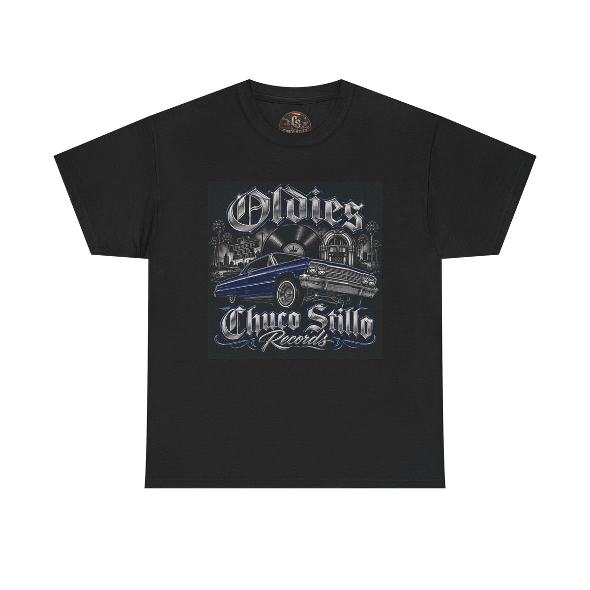 Oldies Chicano Style Records Classic Car T-Shirt BLACK + BLUE