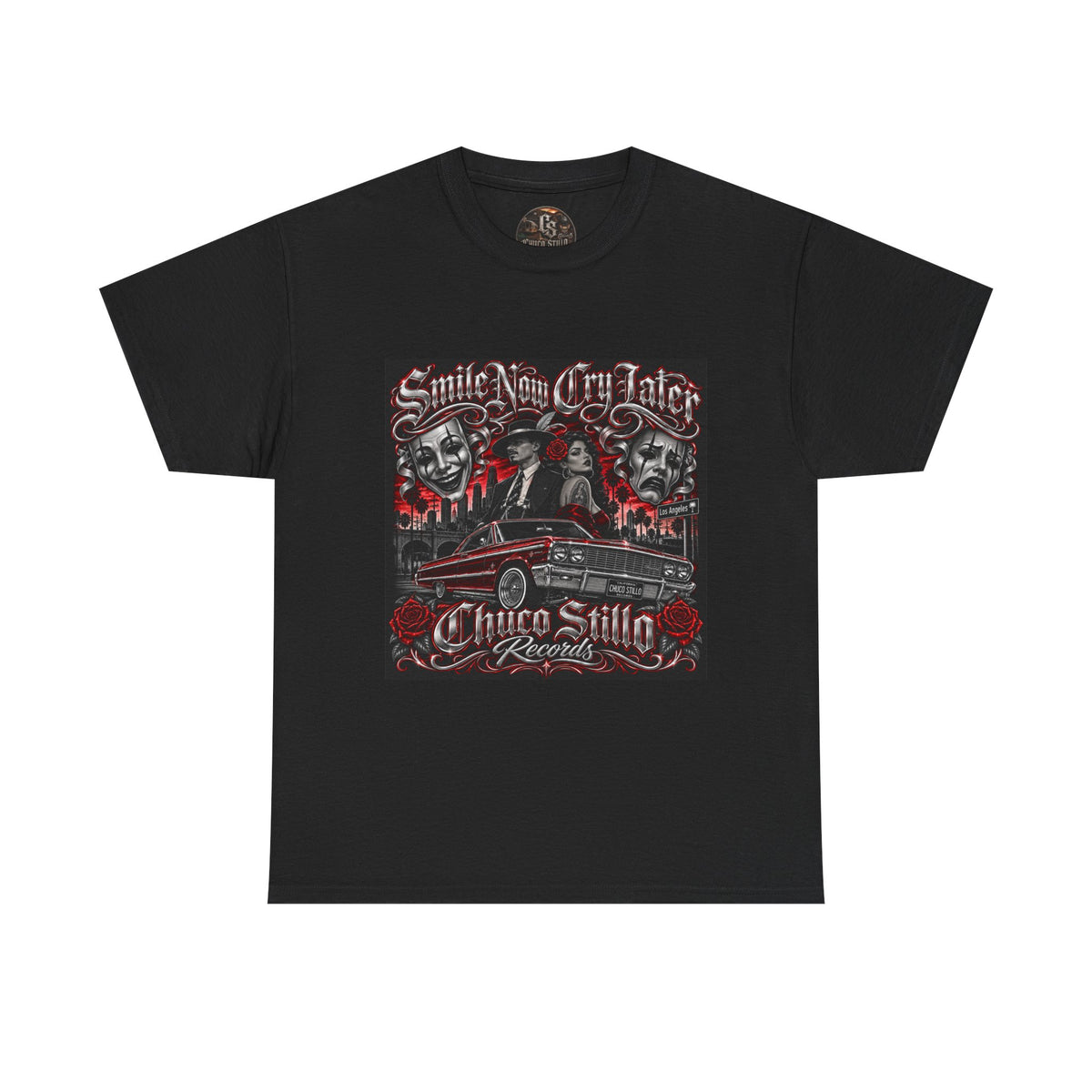 Chicano Style Black Graphic T-Shirt – Smile Now Cry Later RED