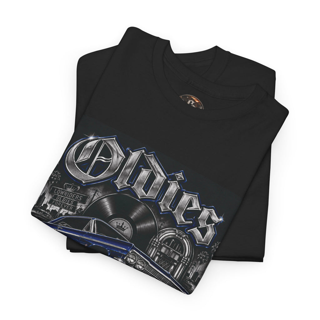 Oldies Chicano Style Records Classic Car T-Shirt BLACK + BLUE